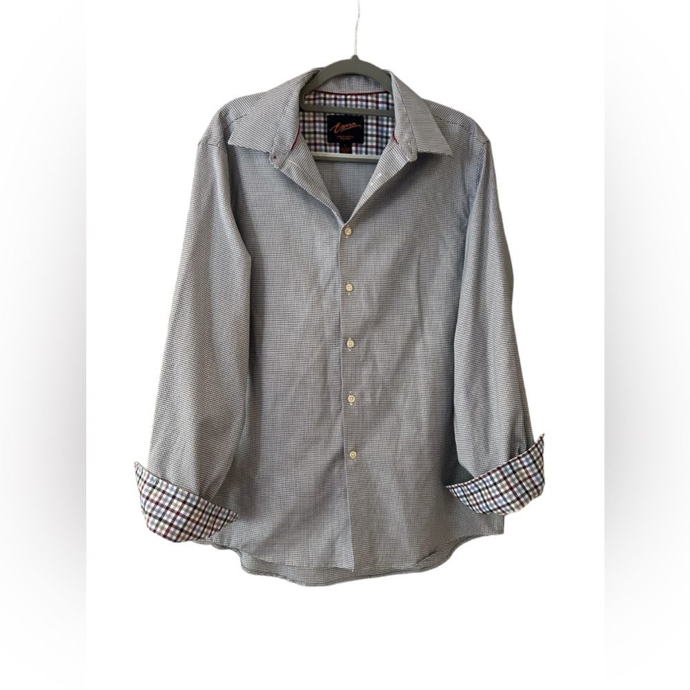 Egara Mens No Iron Slim Fit LS Button Up Blue Houndstooth Shirt L